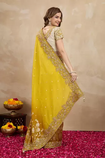 Trendmalls Yellow Jacquard Silk Embroidery Saree with Unstitched Blouse