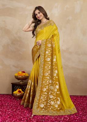 Yellow Jacquard Silk Embroidery Saree with Unstitched Blouse 3