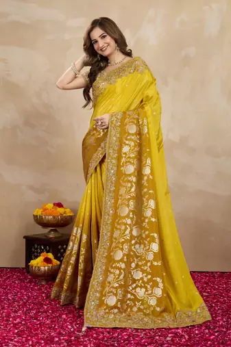 Trendmalls Yellow Jacquard Silk Embroidery Saree with Unstitched Blouse