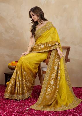 Yellow Jacquard Silk Embroidery Saree with Unstitched Blouse 4