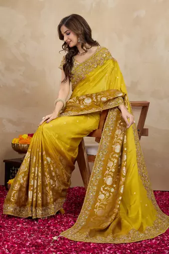 Trendmalls Yellow Jacquard Silk Embroidery Saree with Unstitched Blouse