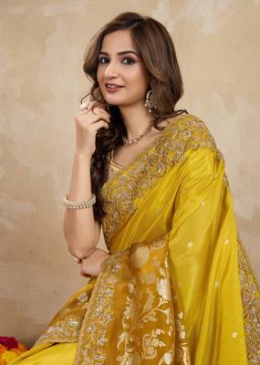 Yellow Jacquard Silk Embroidery Saree with Unstitched Blouse 5