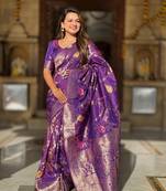 Lavender Banarasi silk blend saree with zari weaving Meenakari design