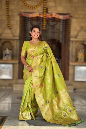 Lime Banarasi silk blend saree with zari weaving Meenakari design