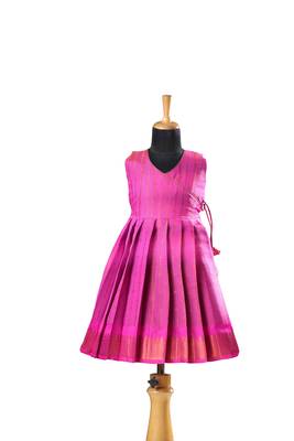 Pink plain zari work banarasi copper rail baby frock for kids 1