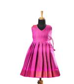 Pink plain zari work banarasi copper rail baby frock for kids