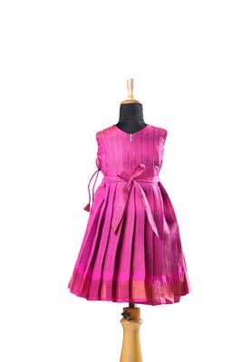 Pink plain zari work banarasi copper rail baby frock for kids 2