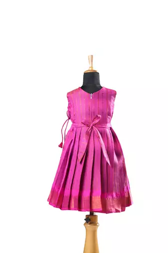 Pink plain zari work banarasi copper rail baby frock for kids