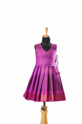 Purple plain zari work banarasi copper rail baby frock for kids 1