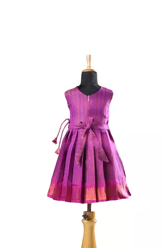Purple plain zari work banarasi copper rail baby frock for kids