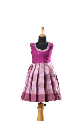 Pink plain zari work banarasi antique pendent baby frock for kids 1