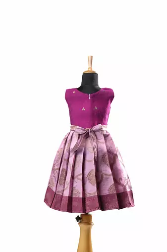 Pink plain zari work banarasi antique pendent baby frock for kids