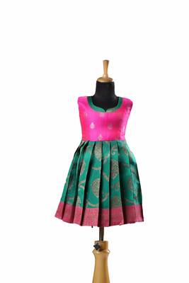 Green plain zari work banarasi antique pendent baby frock for kids 1