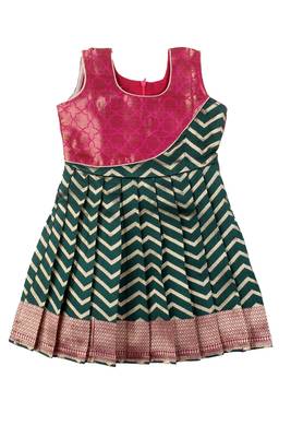 Green plain zari work banarasi golden waves baby frock for girls 1