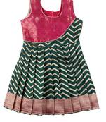 Green plain zari work banarasi golden waves baby frock for girls