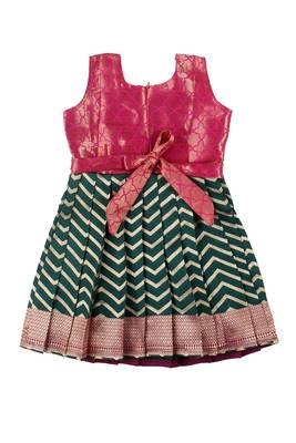 Green plain zari work banarasi golden waves baby frock for girls 2