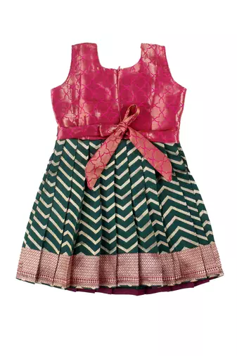 Green plain zari work banarasi golden waves baby frock for girls