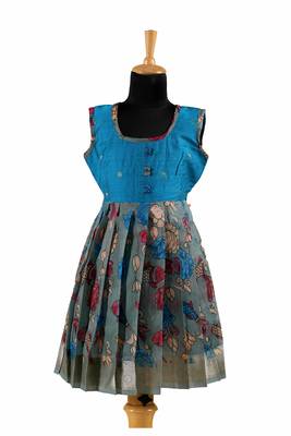 Blue plain zari work banarasi kalamkari fish frock for girls 1
