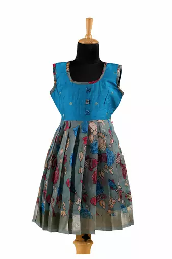 Blue plain zari work banarasi kalamkari fish frock for girls