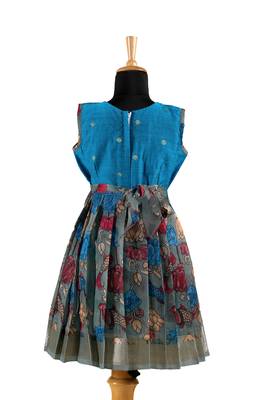 Blue plain zari work banarasi kalamkari fish frock for girls 2