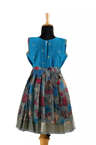 Blue plain zari work banarasi kalamkari fish frock for girls
