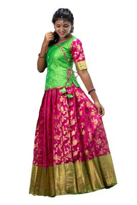 Pink plain zari work banarasi grape vine pavadai set | lehenga 1