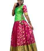 Pink plain zari work banarasi grape vine pavadai set | lehenga
