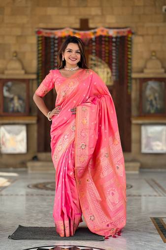 Pink Banarasi silk blend saree with zari weaving Meenakari design