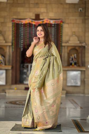 Lime Banarasi silk blend saree with zari weaving Meenakari design