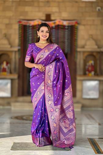 Violet Banarasi silk blend saree with zari weaving Meenakari design