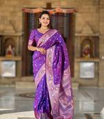 Violet Banarasi silk blend saree with zari weaving Meenakari design