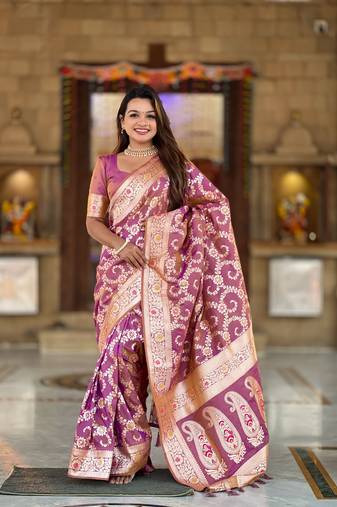 Grey Banarasi silk blend saree with zari weaving Meenakari design