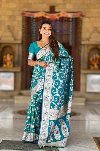 Teal Banarasi silk blend saree with zari weaving Meenakari design