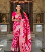 Pink Banarasi silk blend saree with zari weaving Meenakari design