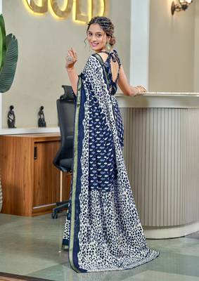 Blue modal mulcotton bagru block print saree with unstitched blouse piece 1