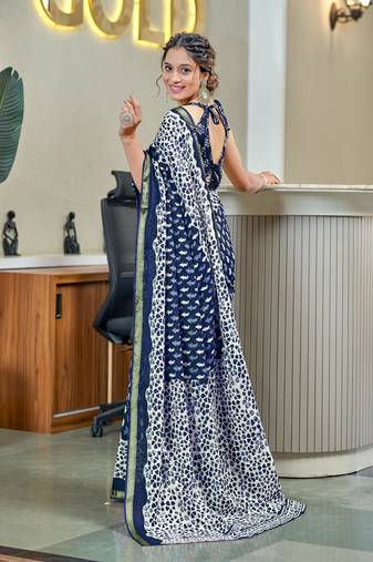 Blue modal mulcotton bagru block print saree with unstitched blouse piece
