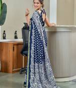 Blue modal mulcotton bagru block print saree with unstitched blouse piece