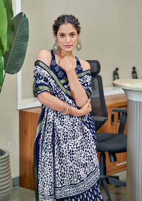 Blue modal mulcotton bagru block print saree with unstitched blouse piece 2