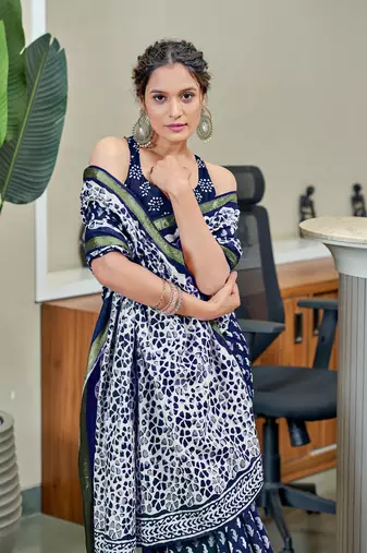 Blue modal mulcotton bagru block print saree with unstitched blouse piece