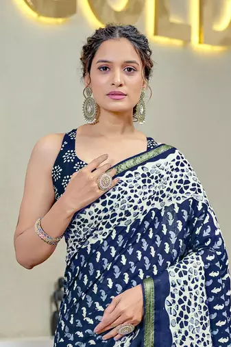 Blue modal mulcotton bagru block print saree with unstitched blouse piece