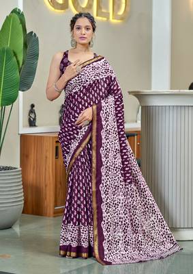 wine mul cotton bagru block print saree with unstitched blouse 1