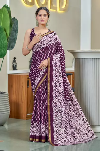 wine mul cotton bagru block print saree with unstitched blouse