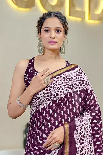 wine mul cotton bagru block print saree with unstitched blouse