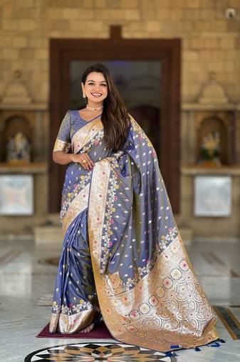 Grey Banarasi silk blend saree with zari weaving Meenakari design