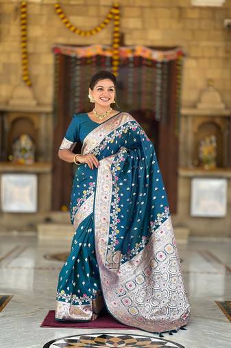 Teal Banarasi silk blend saree with zari weaving Meenakari design