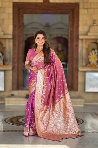 Mauve Banarasi silk blend saree with zari weaving Meenakari design