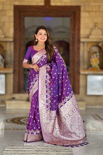 Purple Banarasi silk blend saree with zari weaving Meenakari design