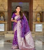 Purple Banarasi silk blend saree with zari weaving Meenakari design