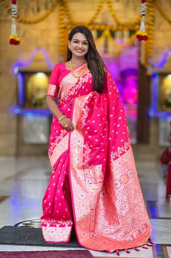 Pink Banarasi silk blend saree with zari weaving Meenakari design