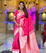 Pink Banarasi silk blend saree with zari weaving Meenakari design